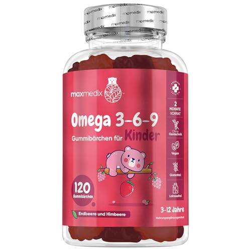Omega 3 6 9 Gummibärchen für Kinder - 120 Vegane Gummies - 400mg - Erdbeeren & Himbeeren Geschmack - Perillaöl liefert Omega 3, 6 & 9-2 Monate Vorrat - Glutenfrei - Laktosefrei - maxmedix