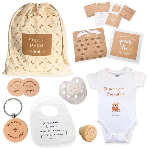 Kit papa Prémium + avec de nombreux cadeaux : body, bavoir, sucette, porte-clé, bouchon, jeton de...