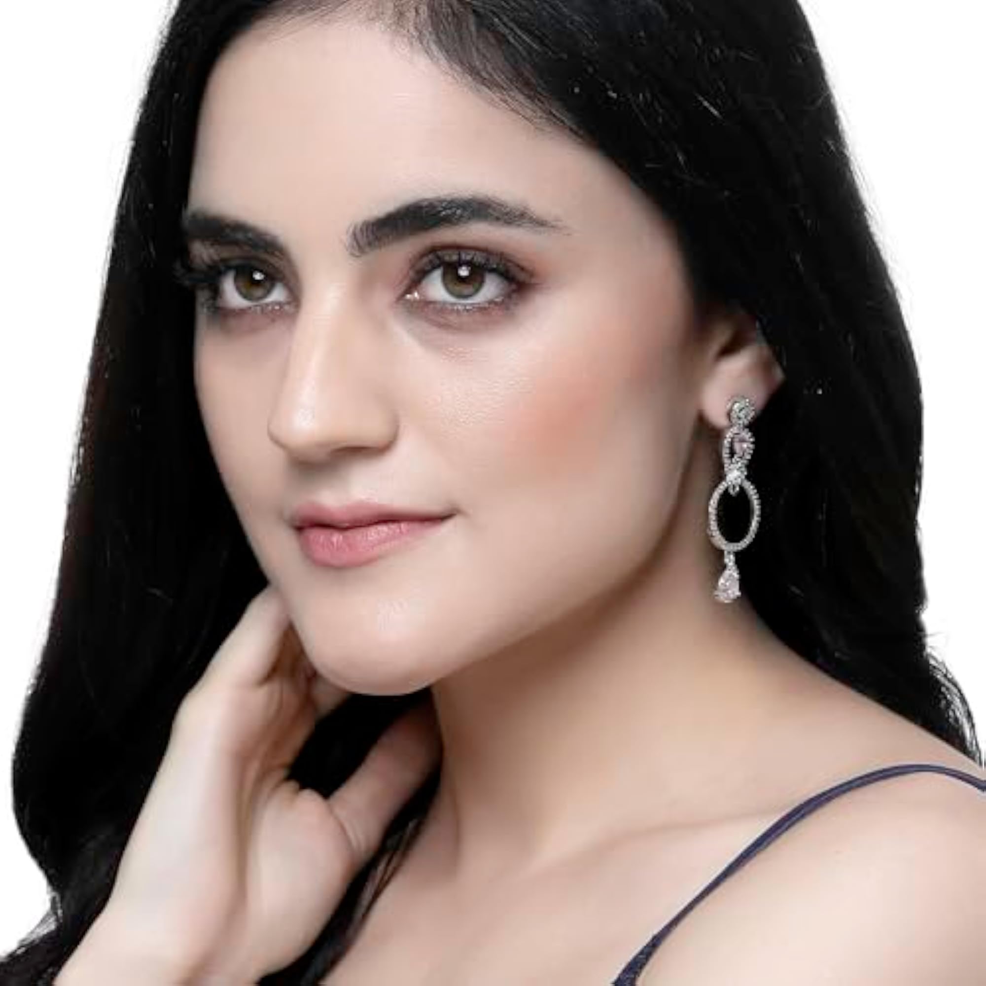 Rhodium-Plated Circular Drop Earrings with American Diamond