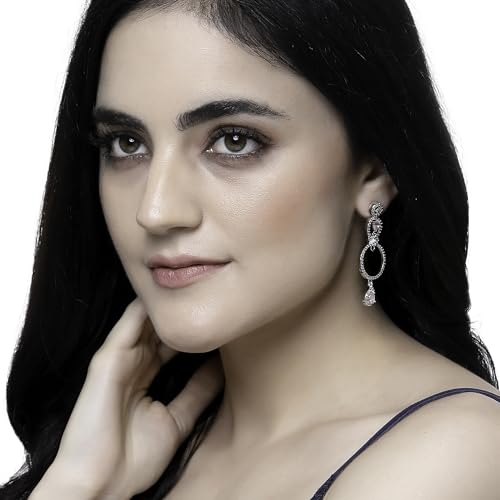 Rhodium-Plated Circular Drop Earrings with American Diamond