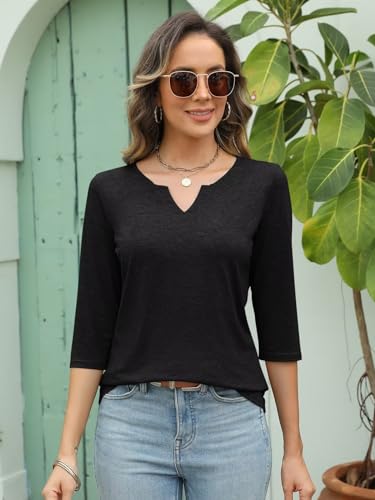 EADINVE Womens V Neck 3/4 Sleeve T-Shirts Solid Color Casual Basic Tops Summer 2024 Tees Blouses Loose Fit Pullover 20243