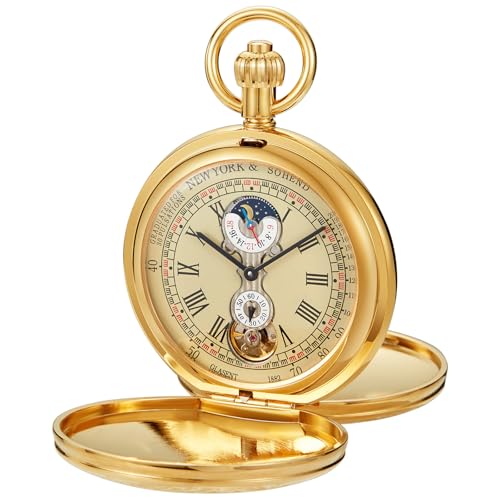 Image of Men's Mechanical Pocket Watch with Chain, Vintage Full Copper Hand-Wind Second&24hours Sub-dials Pocket Watches for Men with Box