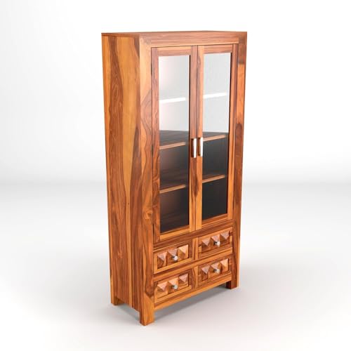 Image of Wood Book Shelf for Home Library | Book Shelf with Acrylic Glass Door | Kitchen Crockery Cabinet, Almirah, Home,Office Study Room Furniture Books Rack (Honey Finish)