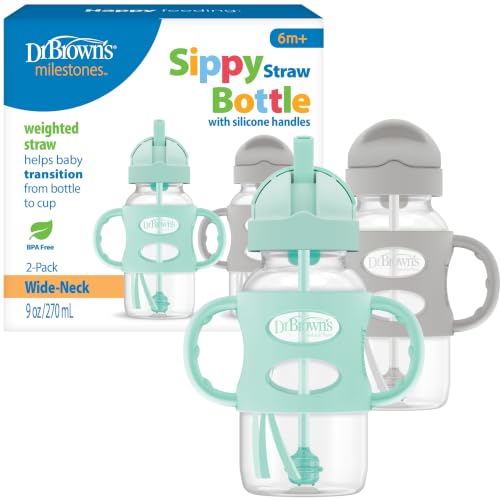 Dr. Brown's Wide-Neck Sippy Straw Bottle with Handles, Gray & Green, 2-Pack | Teach baby straw-sipping skills, weighted straw lets them drink in any direction, 100% silicone handles, 9 oz, 6m+ - image 1