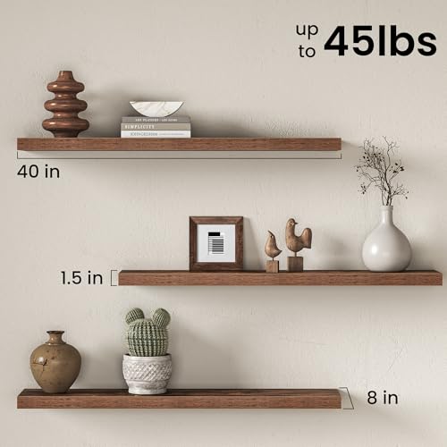 Image of Fun Memories 40Inch Floating Shelves for Wall, 8 Inch Deep Shelves for Bathroom|Bedroom|Kitchen, Large Wall Mounted Wood Hanging Shelf with Invisible Brackets for Home Storage Decor, Brown - 2 Pack