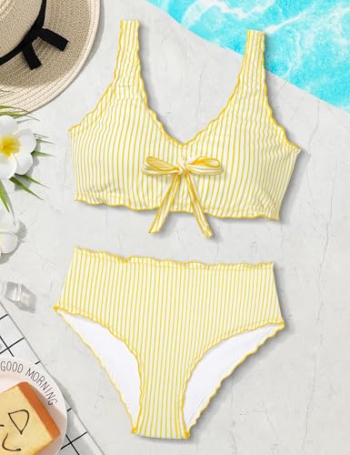 Image of KANGKANG Girls Swimsuit Bikini Set Solid Color V-Neck Two Piece Bathing Suit with Chest Pad Adjustable Straps Swimwear 7-16T