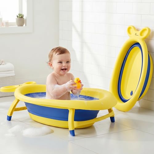 Image of R for Rabbit Bubble Double Finzy Baby Bath Tub Foldable for Kids 9 Months-3 Years | Womb Cocoon Bathtub Design | Anti-Skid Base | Quick Drain Plug | Space Saving Pool Bather with Tray (Yellow Blue)