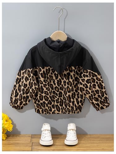 Girl's Leopard Print Zip Up Hooded Jacket Long Sleeve Color Block Windbreaker Outerwear2