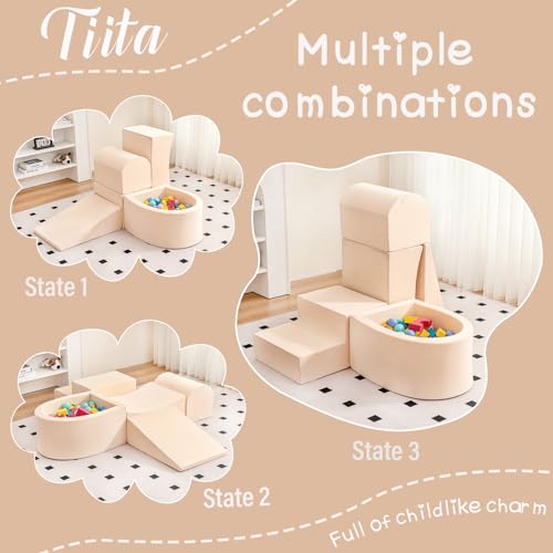 Tiita Foam Climbing Blocks with Small Ball Pit Playground for Baby, Climb and Crawl Playset 5-Piece - Indoor Soft Play Climber for Playtime Fun, Beige