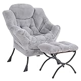 MBOOYOME Lazy Chair with Folding Ottoman, Modern Accent Lounge Armchair with Armrests and a Side Pocket & Foldable Footstool, Leisure Reading Chair for Living Room, Bedroom, Dorm & Office, Plush Grey