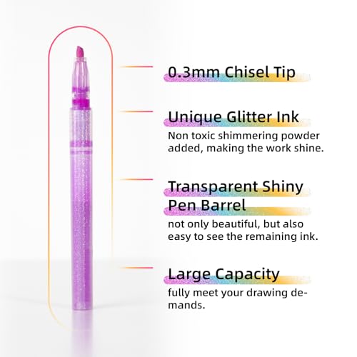 Glitter Highlighter Markers 6 Pack Set B, Chisel Tip Sparkle Highlighters Assorted Colors Pastel Glitter Highlighters Pens for Children Students Adults Journaling Coloring