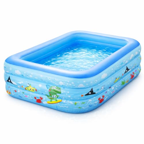 Piscina Inflável Infantil Retangular 460 Litros com Fundo Acolchoado Premium, Base Reforçada, Estampa Marinha (Azul)