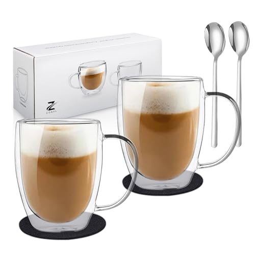 Zobel Latte Macchiato Gläser 350ml mit Henkel | 2er Set doppelwandige Kaffeegläser aus Borosilikatglas inkl. Untersetzer & Löffel |...