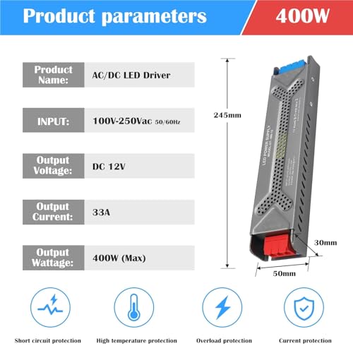 Transformateur LED 12V 400W driver alimentation AC 100V-250V muet