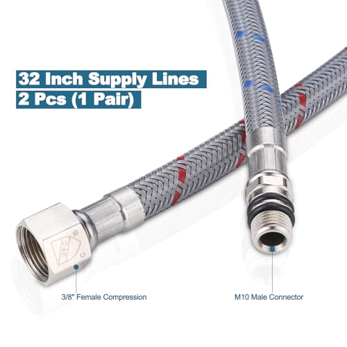 WOWOW 32\" Length Faucet Supply Line, Bathroom Kitchen Faucet Lines Braided Nylon Sink Hose,cUPC Faucet Supply Lines 3/8\" Female Compression Thread × M10 Male Connector 2Pcs (1 Pair) - Thumbnail 2