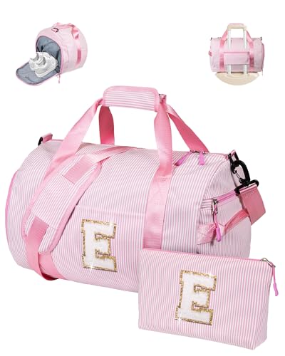 Vogewood Gifts for Teenage Girls, Girl Gym Bag, Kids Initial Overnight Duffel Bags with Shoe Compartment, Personalized Travel Bag with Makeup Pouch, Cute Stuff for Daughter Niece (Letter E)