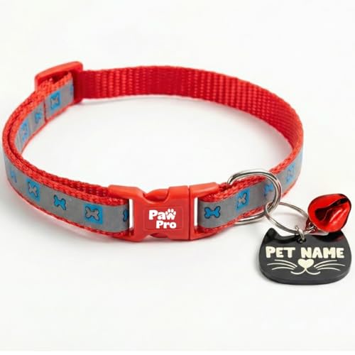 Image of PAWPRO HANDMADE Reflective Cat Collar with Custom ID Tag - Adjustable Collar with Bell for Cats & Small Dogs - Personalized Name Tag (Firecracker)