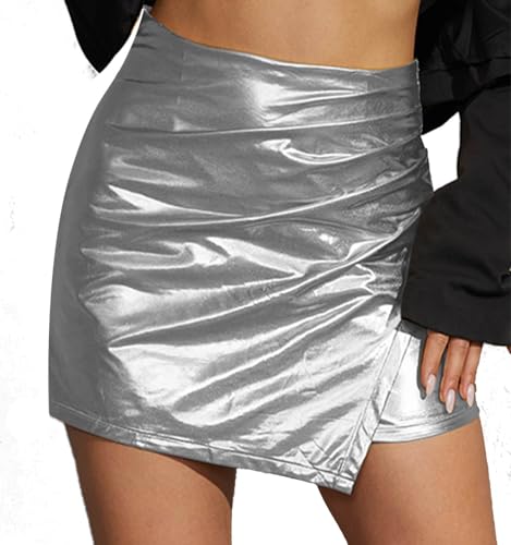 krtwrnt Womens Metallic Silver Skirts Sparkly Sexy Ruched Mini Skirt Rave Outfit 90s Concert Outfits Club Festival Outfits Space Cowgirl Halloween Costume M