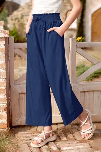 Image of Girls Summer Floral Wide Leg Pants High Waisted Flowy Dress Trousers with Pockets for School Lounge Beach 5-14 Years