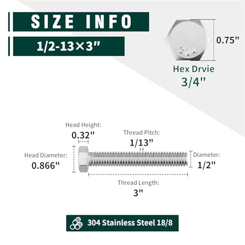 Image of (5 Sets) 1 /2-13 x 3 Hex Bolt and Nut Kit, 304 Stainless Steel (18-8), Fully Threaded, Flat & Lock Washers Included