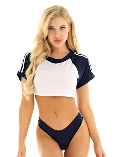 MSemis Femmes Sexy Lingerie Set Costume Déguisement Uniforme Scolaire Japonaise Cosplay Cheerleaders Chemise et String Babydoll Pyjamas S-XL Marine&Blanc M