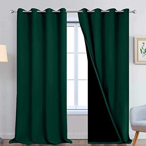 Image of Yakamok 108 Inch Length 100% Blackout Window Curtain Panels, Full Light Blocking Drapes with Black Liner Thermal Insulated Drapes for Bedroom(52Wx108L,Dark Green, 2 Panels)