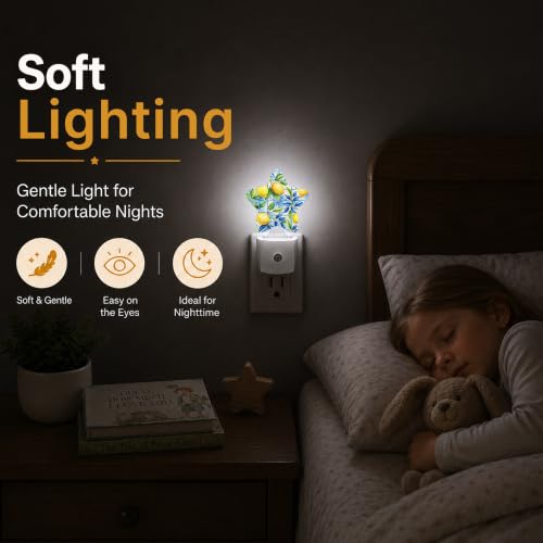 Image of Star Night Light Plug in, Lemon Dusk to Dawn Sensor Night Light, Soft Glow Lamp for Kids Bedroom Nursery Hallway Bathroom, Energy Saving Compact Design
