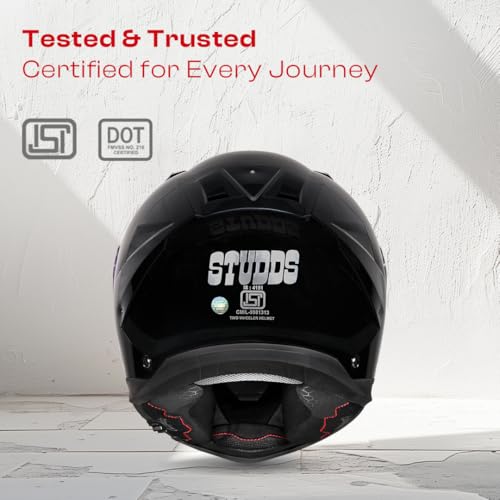 Image of STUDDS Helios ISI and DOT Certified Full Face Helmet with Antifog 100 Lens, Sporty Spoiler (Black - XL)