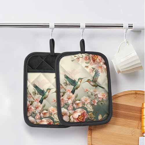 Wellflyhom WELLFLYHOM-28 Hummingbird Floral Pot Holders With Pocket Kitchen Heat Resistant Hot Pads Spring Birds 2 Pack Non-Slip Potholders Oven Mitts Kitchen Gloves Cooking Bag thumb #5