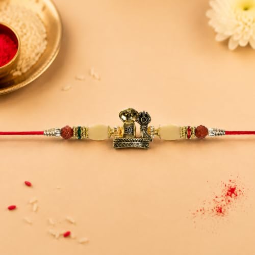 Image of Oblivion Rakhi For Brother - Elegant Stylish God Designer Rakhi with Beads and Silver Colour Pooja Coin, Tilak Set & Greeting Card - Traditional Raksha Bandhan Combo for Bhai