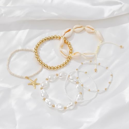 Shell Bracelet Boho Beaded Stretch Bracelets for Women Seashell Strand Bracelets Starfish Charm Jewelry Summer Beach Jewelry Stackable Crystal Gold Beads Bracelet for Women3