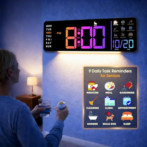 Hoifen Clock with Day and Date for Seniors 16 Large Display Digital Calendar Dementia Wall Clock for Memory Loss with Time Periods & Task Reminders Remote Control Night Light Auto Dim & DST (RGB)