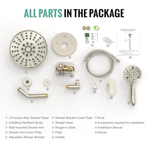 Image of SR SUN RISE Shower Faucet - 8 Inch Multifunctional High Pressure Shower Head System with Handheld Shower Head Fixtures - Valve Included - Brushed Nickel