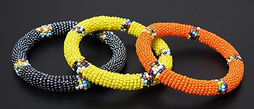 Tembo Crafts Africa - Set of 3 Handmade Bangles for Women Maasai Beaded Bracelets Boho Jewelry Gifts Orange Metallic Grey Yellow Handmade From Africa3