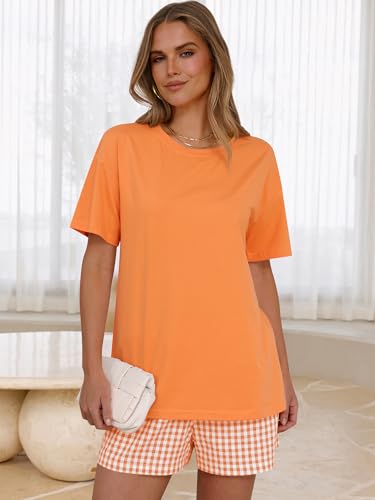 Image of LOGENE Women Two Piece Lounge Pajamas Set Oversized T-Shirts & Boxer Plaid Shorts 2026 Summer Casual Loungewear Comfy Outfits