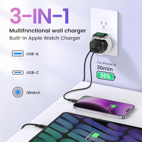 Oplader voor Apple Watch, 3-in-1 20W USB C Oplader PD 3.0 Snellader voor Apple Watch 10/9/8/7/6/Ultra/SE, USB C-oplaadkabel voor iPhone 16/15/15 Pro Max, voor iPad/Airpods, Zwart - Afbeelding 5