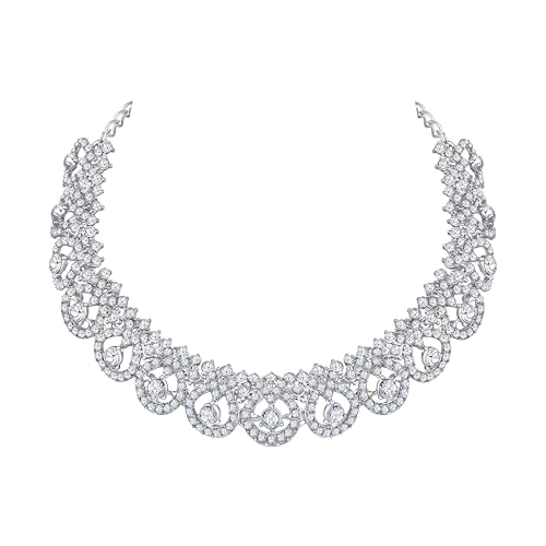 Image of Atasi International Silver Plated White Crystals American Diamonds Stylish Necklace Set with Earrings and Maang Tikka for Women and Girls | Stylish Jewellery for Party, Wedding and Festive Occasions (R6155)