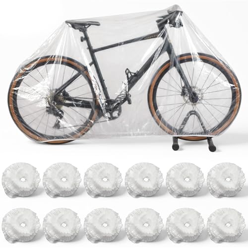 BBTO 12 Pcs Disposable Bike Covers Clear PE Lightweight Rain Outdoor Waterproof Bicycle Dust Covers for Garage Indoor Storage Electric, Mountain Road, Hybrid Bike, Scooter(large for 1 Bicycle)