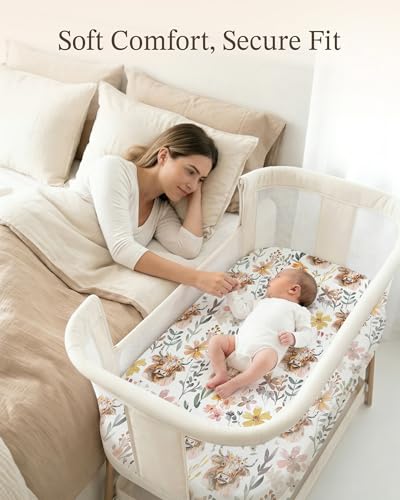 Image of Bedside Bassinet Sheets 2 Pack, 33 x 20 Fitted Bedside Sleeper Sheets, Ultra Soft Breathable Polyester, Ideal for Baby Girl or Boy and Newborns (Cottage Cow, Bedside Sleeper Sheet)