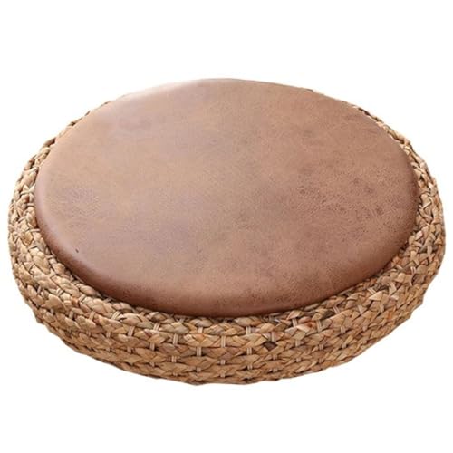 Futón De Ratán Cuadrado/Redondo con Cola De Espadaña, Tatami Japonés para Meditación, Otomana Tejida A Mano, Asiento De Cuero Sintético(Round,50 * 9cm)