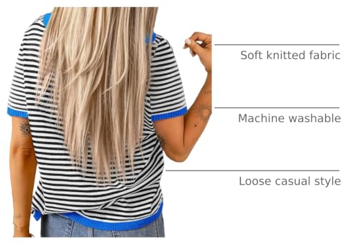 Image of Dokotoo Womens Tops 2026 Casual Summer Crewneck Short Sleeve Striped Color Block Knit High Low Trendy Pullover Sweaters