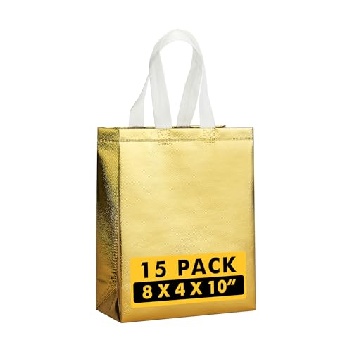 RACETOP Medium Gold Gift Bags with Handles Set of 15 Reusable 100g Gold Party Favor Bags - Ideal for Birthday Wedding Bachelorette Holiday Goodie Bags 8x4x10 Inches Upgraded