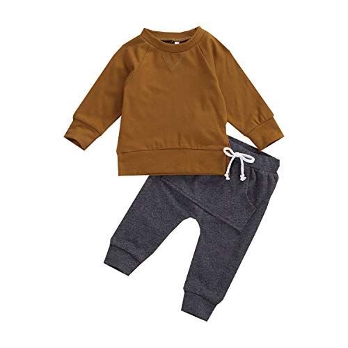 Newborn Infant Baby Boy Fall Winter Outfits Cotton Sweatshirt Long Sleeve T-Shirt Top Pants Sweatsuit Clothes Set (A-Khaki, 0-6Months)