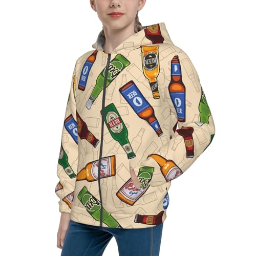 Beer Bottles Seamless Pattern Kids Pullover Hoodies Boys Zip Up Sweatshirts Girls Athletic Clothes with Pocket