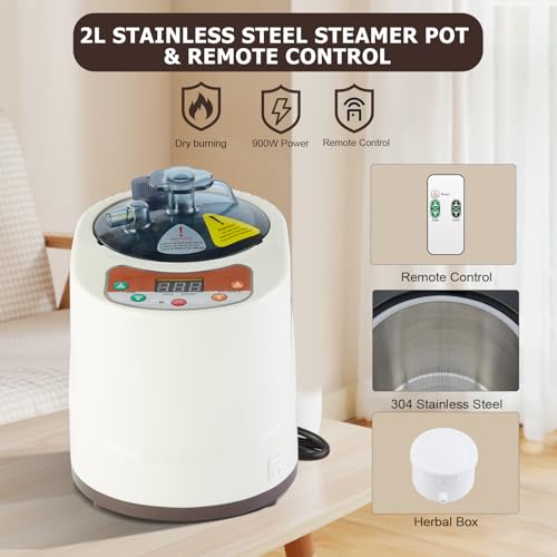 Smartmak Portable Home Sauna Steamer, 2L 900W Steam Generator, Lightweight Stainless Steel Pot, with Remote Control and Timer Display for Body Detox (110V, US Plug)