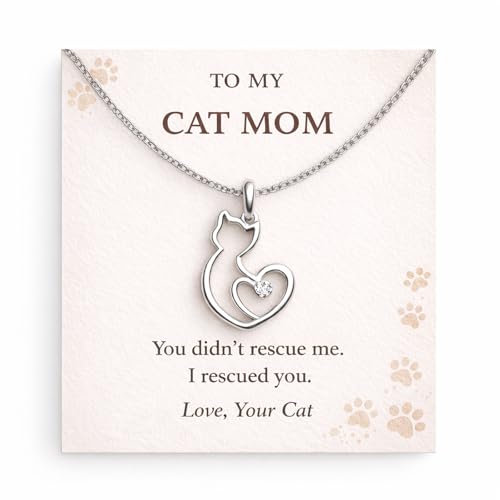 Giuesytic Cat Mom Gifts for Women – Heart Cat Necklace with Zircon, Cute Cat Lover Jewelry, Birthday, Anniversary & Merry Xmas Holiday Gift