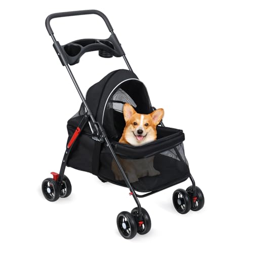 Hundewagen 2 in 1, Hundebuggy Bis 20kg, 4 Paar 360°Doppelräder, Hund-Katzen-Käfig-Kinderwagen mit Getränkehalter, Hundewagen Klappbar für Kleine/Mittlere Hunde und Katzen