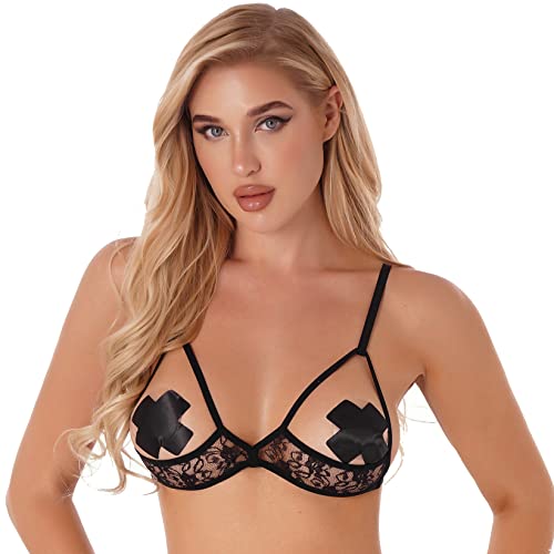 Zaldita Soutien-Gorge Seins Nus Sexys Femme Lingerie Ouverte Dentelle Floral Erotique sous-Vetement Transparent Bra Push Up sans Doublure Underwear S-XL Noir E...