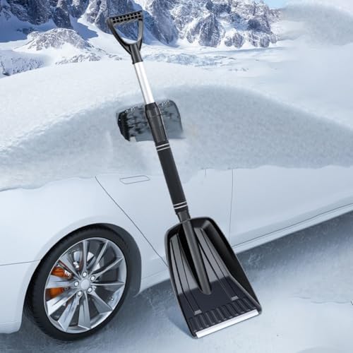 QOXEZY Pala de nieve retráctil para coche con ángulo ajustable, herramienta de eliminación de hielo de aluminio y ABS con cerdas de 3 filas, cepillo de nieve desmontable para uso en exteriores, color