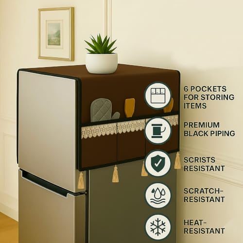 Image of Refrigerator Single Door Waterproof, Dustproof, Tassel Lace Refrigerator Top Cover, Protective Cover for Fridges with Extra Storage Space Nylon Top cover with 6 Storage Pockets ( Coffee, 130 x 54 cm )